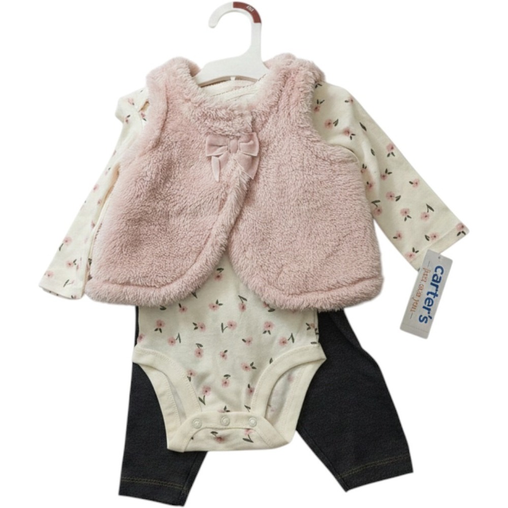 Carters Just One You Baby Girl 3pc Floral Bodysuit Faux Fur Vest Pant Set 6M NWT